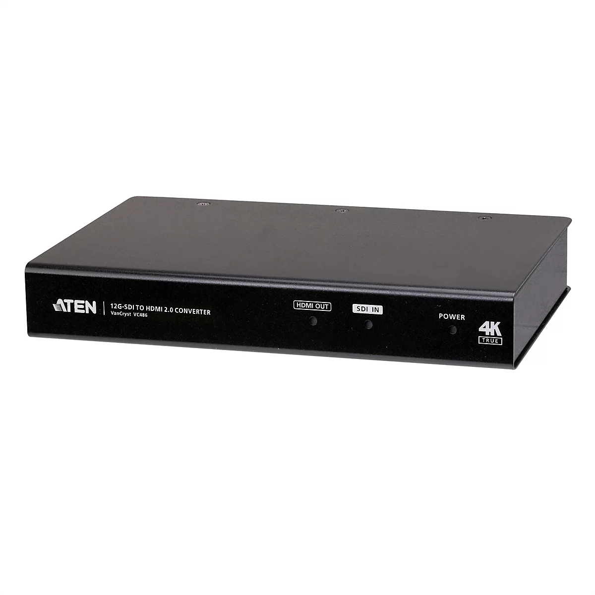 Schwarzer ATEN 12G-SDI auf HDMI 2.0 Konverter mit Status-LEDs für HDMI, SDI und Power.