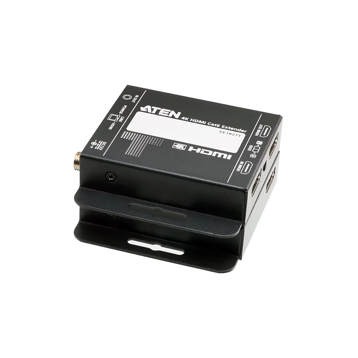 Schwarzer ATEN 4K HDMI Cat6 Extender VE1821T vor weißem Hintergrund.