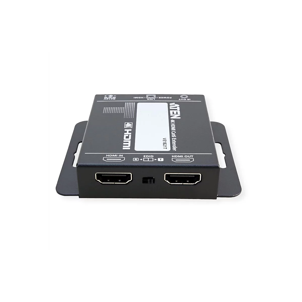 Schwarzer Aten HDMI Cat6 Extender VE1821T mit zwei HDMI-Anschlüssen vor weißem Hintergrund.