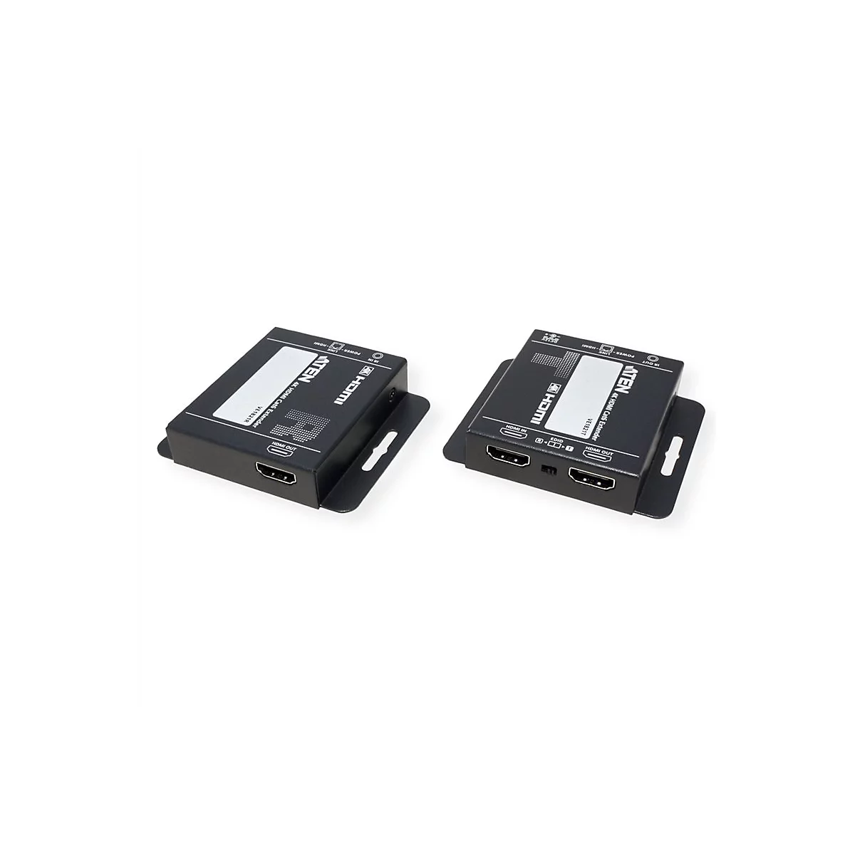 Zwei schwarze ATEN HDMI-Extender-Boxen vor weißem Hintergrund.
