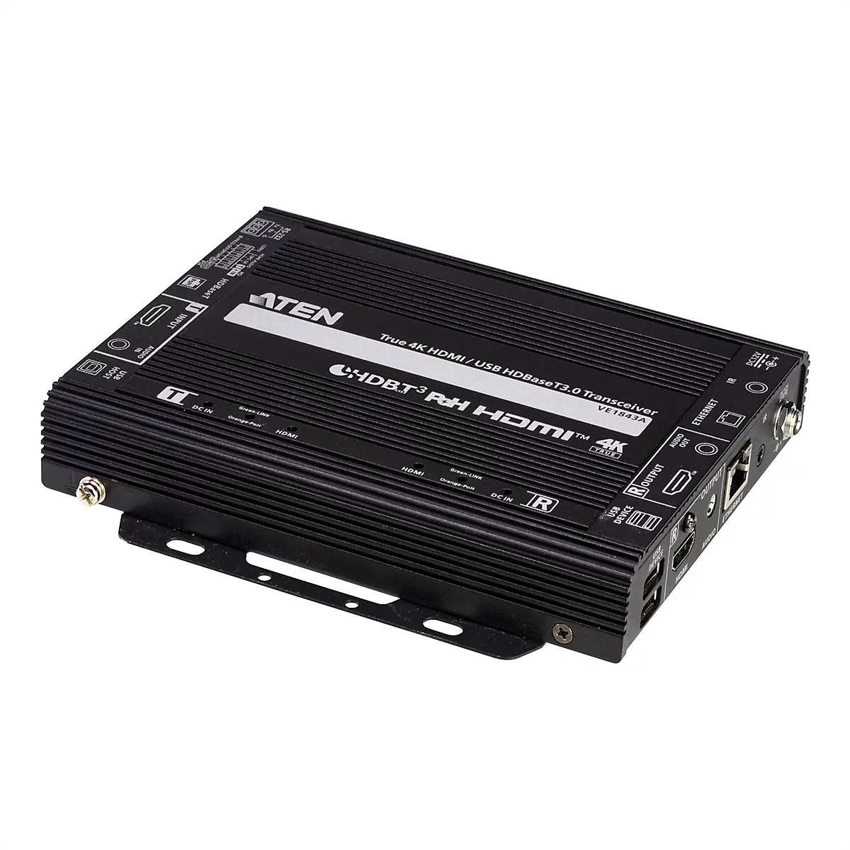 Schwarzer ATEN HDBaseT-Transceiver auf weißem Hintergrund mit zahlreichen Anschlüssen und Beschriftungen.