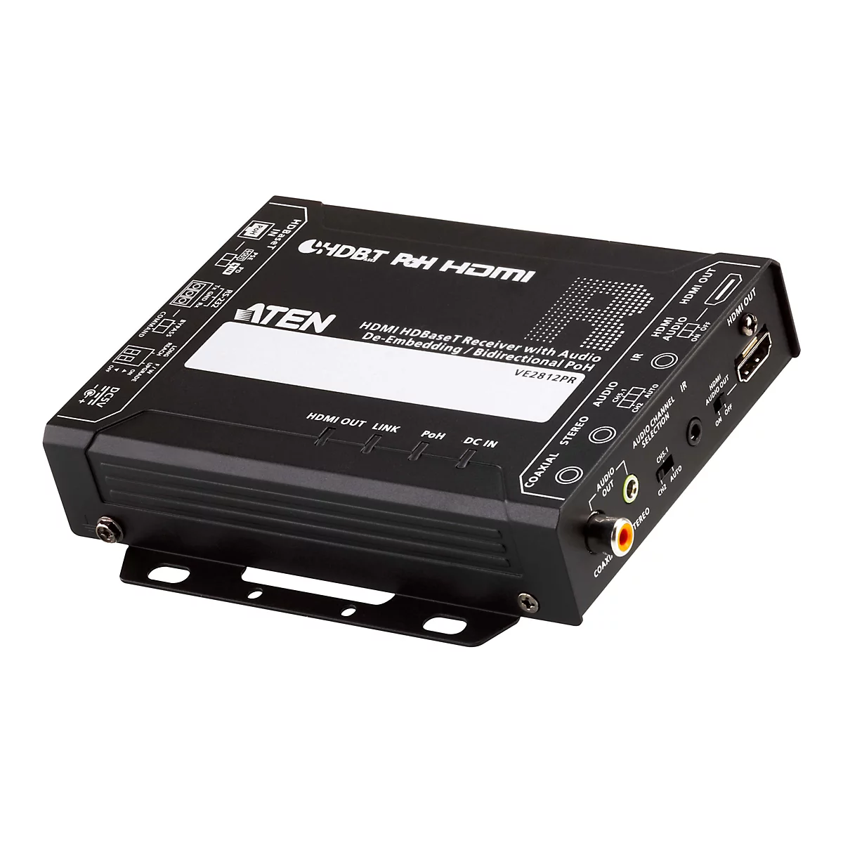 Schwarzer ATEN HDMI HDBaseT Receiver mit zahlreichen Anschlüssen und weißer Beschriftung auf weißem Hintergrund.