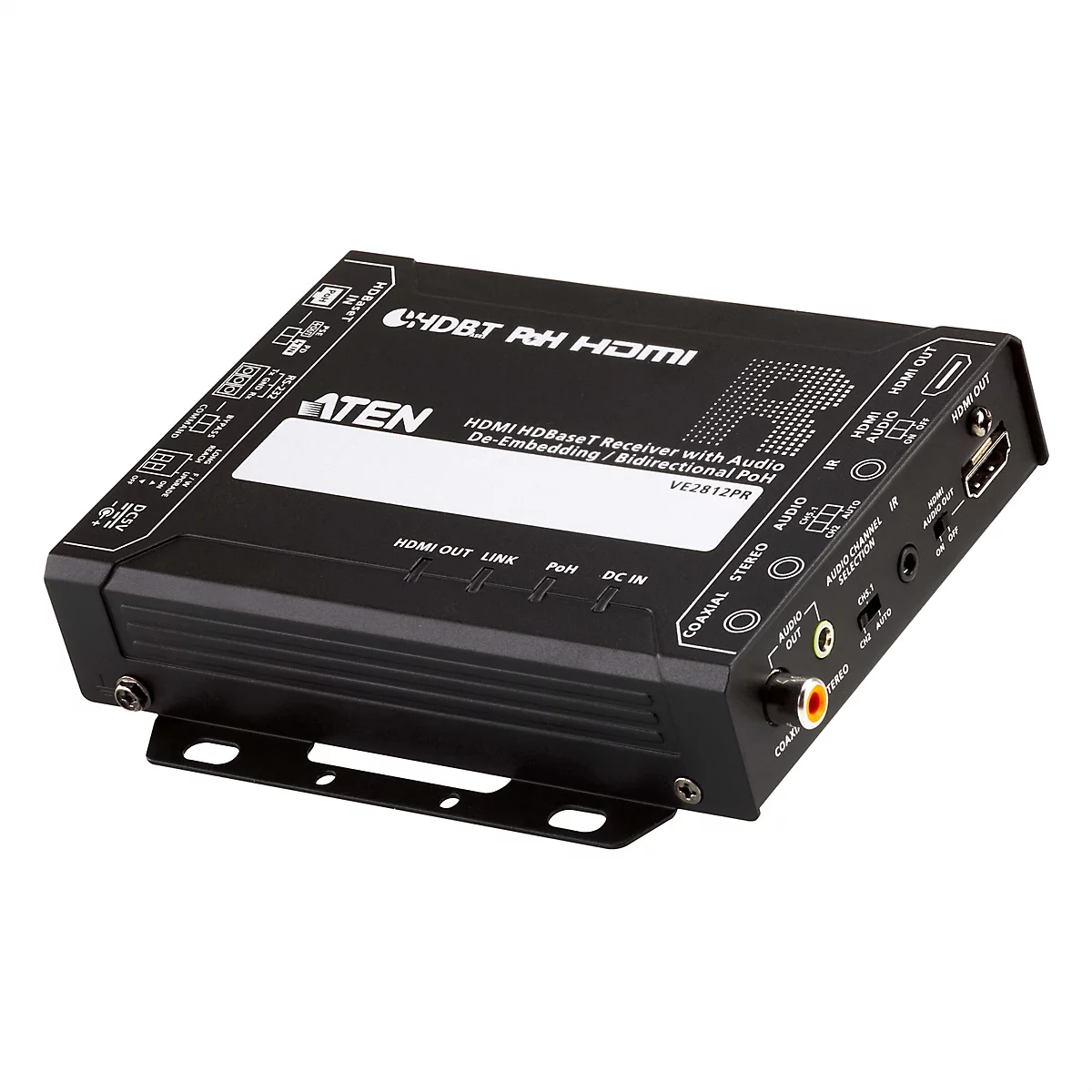 Schwarzer ATEN VE2812PR HDMI HDBaseT Empfänger mit zahlreichen Anschlüssen vor neutralem Hintergrund.