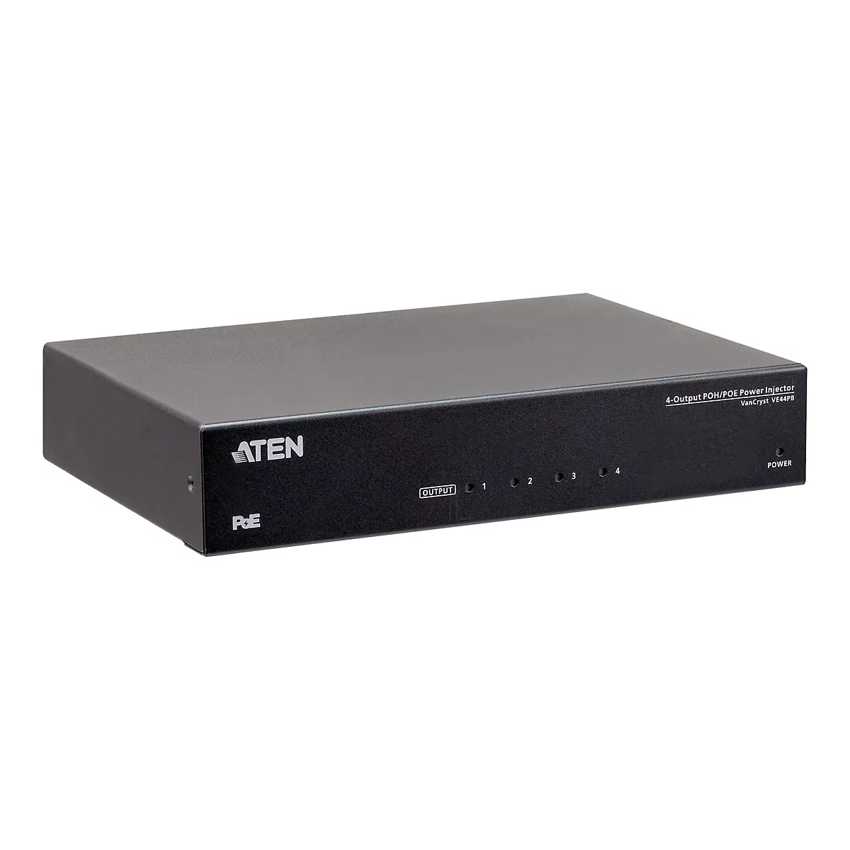 Schwarzer 4-Port POH/PoE Power Injector von Aten VE44PB vor weißem Hintergrund.