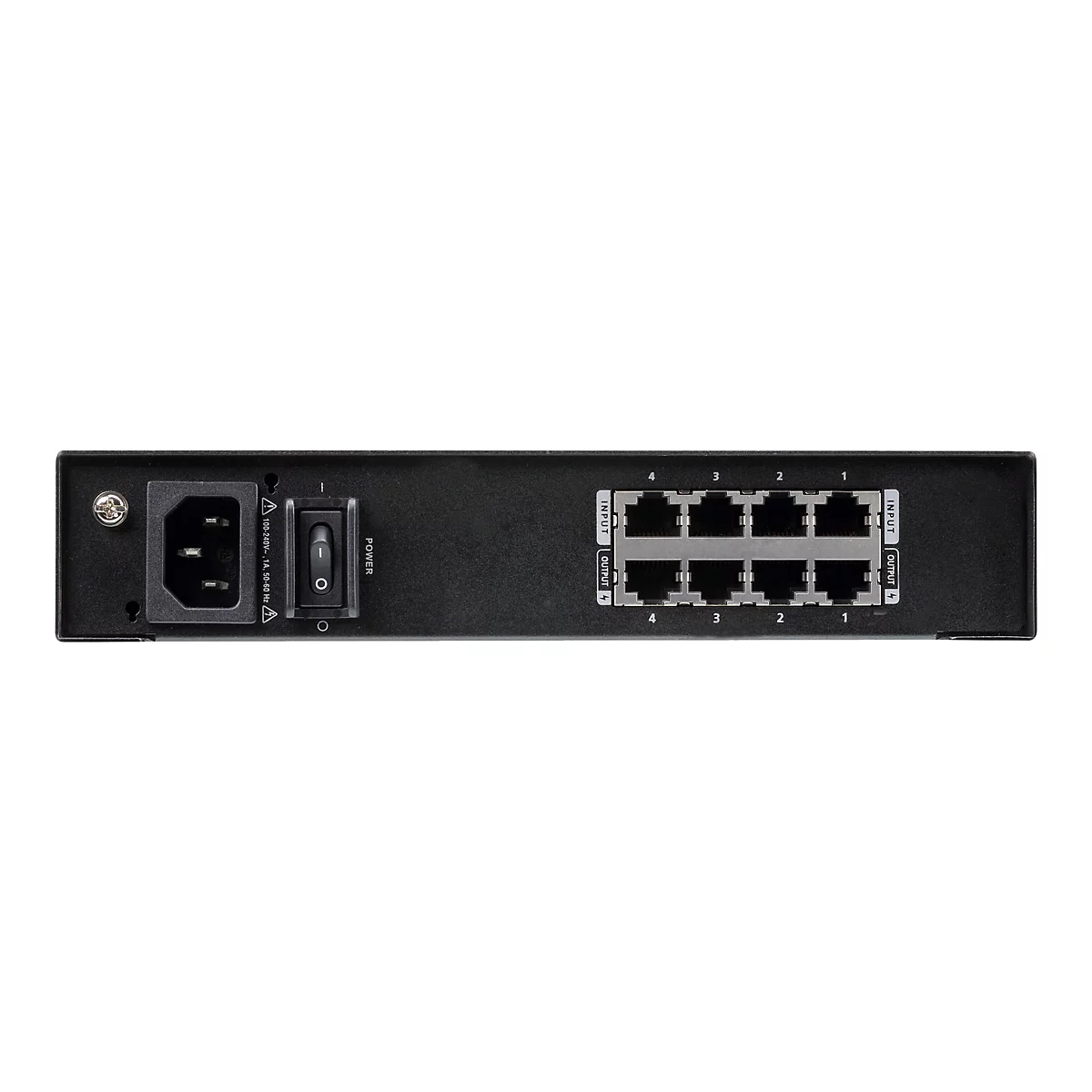 Rückseite eines schwarzen Netzwerk-Switches mit Stromanschluss, Ein-Aus-Schalter und acht nummerierten Ethernet-Ports.