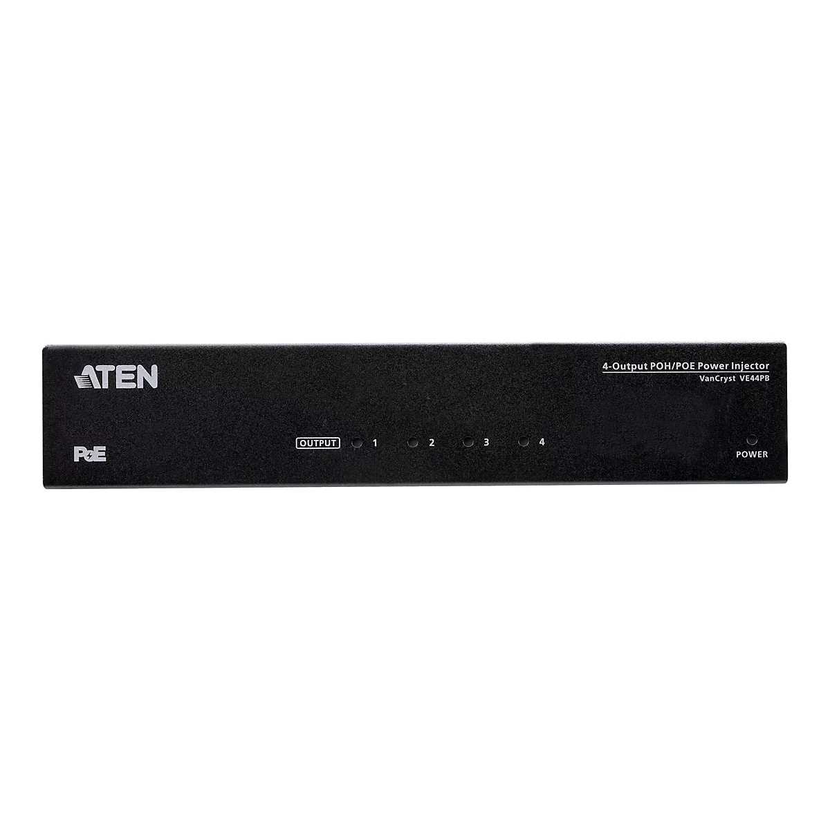 Schwarze Frontplatte des ATEN VanCryst VE44PB 4-Output POH/POE Power Injektors mit Status-LEDs.