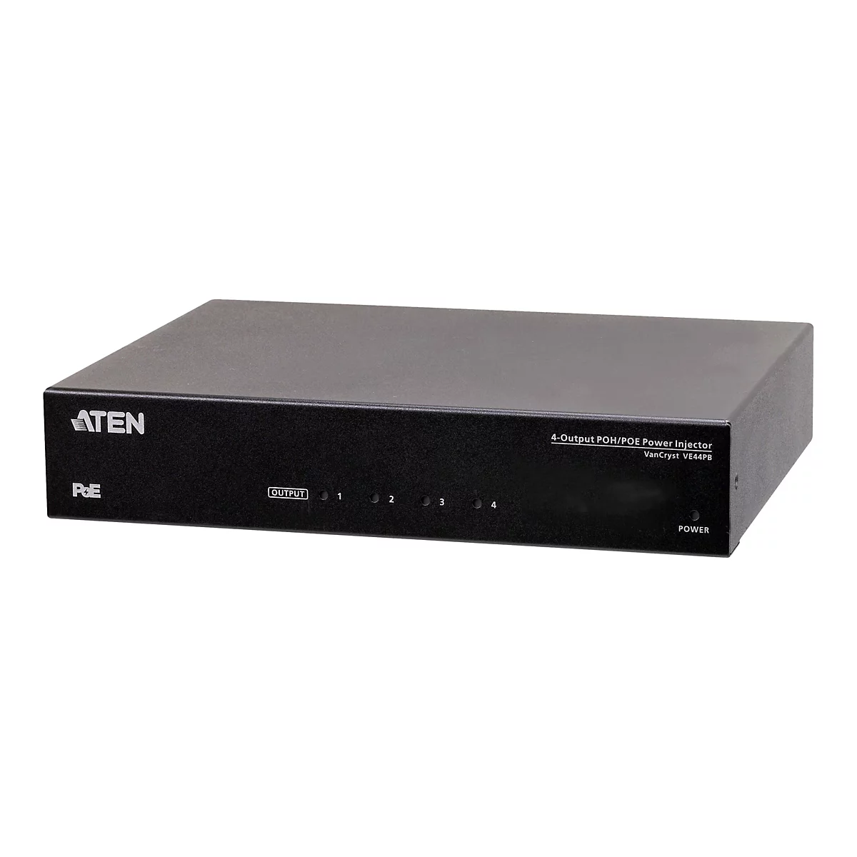 Schwarzer ATEN VanCryst VE44PB 4-Port POH/POE Power Injector vor weißem Hintergrund.
