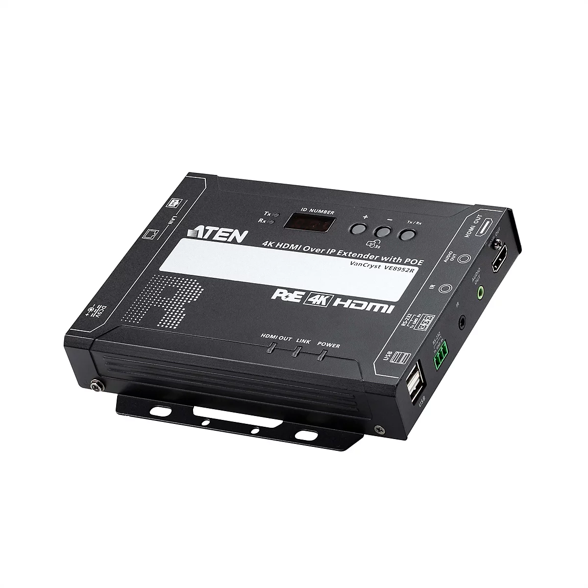 Schwarzer ATEN 4K HDMI over IP Extender mit PoE, zeigt Anschlüsse und Beschriftung auf weißem Hintergrund.