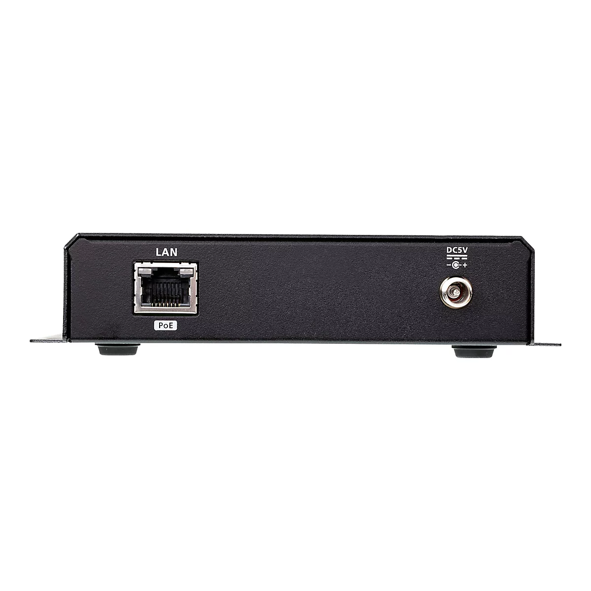 Rückseite eines schwarzen Netzwerkgeräts mit LAN-PoE-Anschluss und DC 5V-Strombuchse auf weißem Hintergrund.
