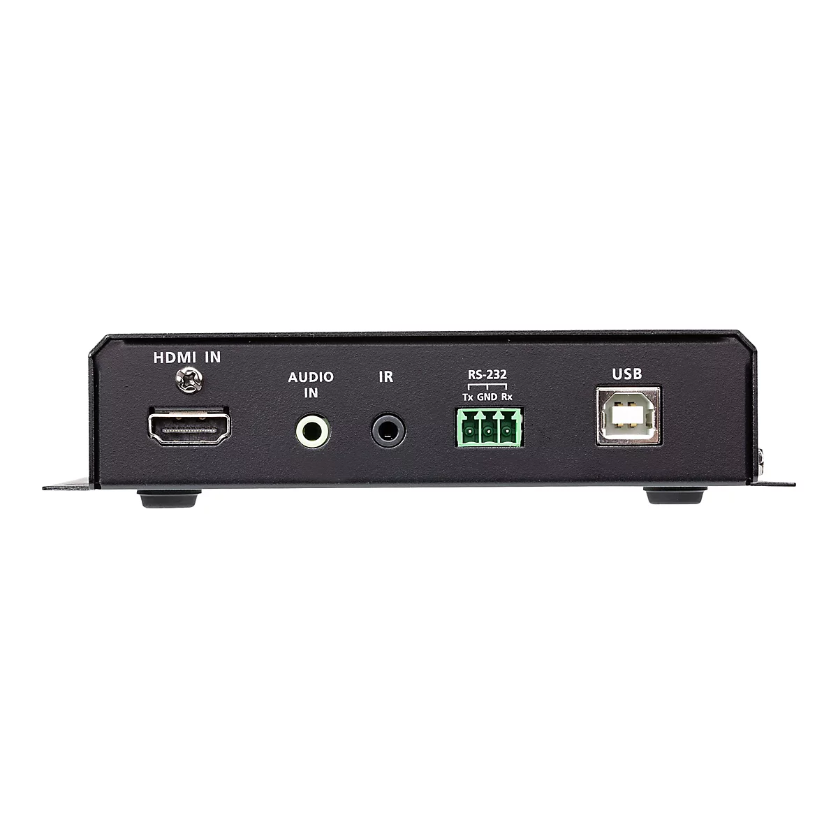 Rückseite eines schwarzen Videokonverter-Gehäuses mit HDMI-, Audio-, IR-, RS-232- und USB-Anschlüssen.