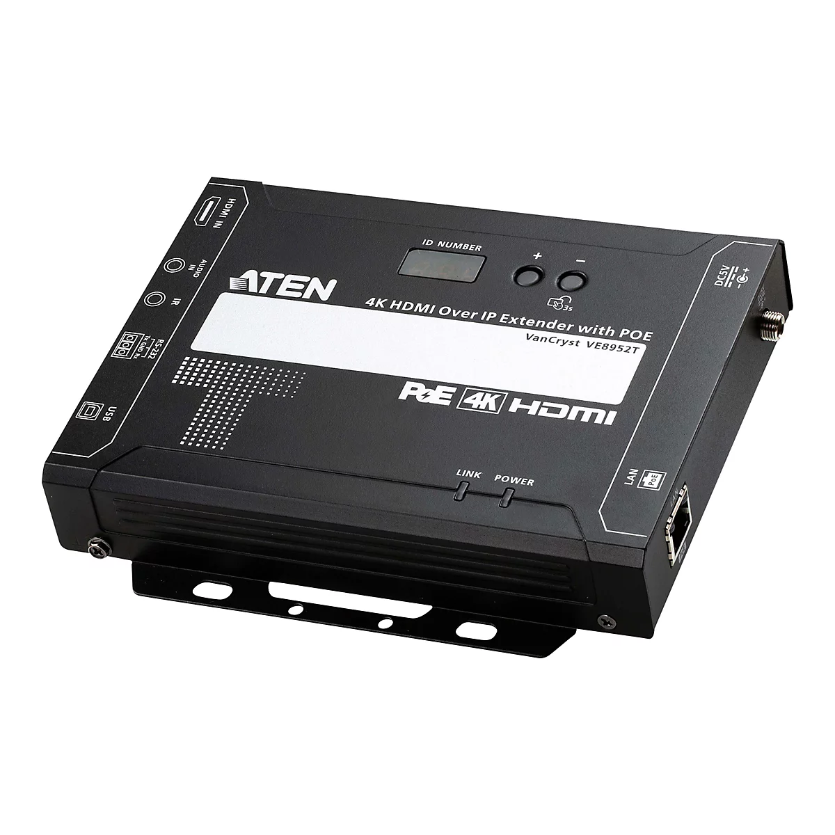 Schwarzer ATEN 4K HDMI over IP Extender mit PoE, Modell VE8952T, mit Anschlüssen und LED-Statusanzeigen.