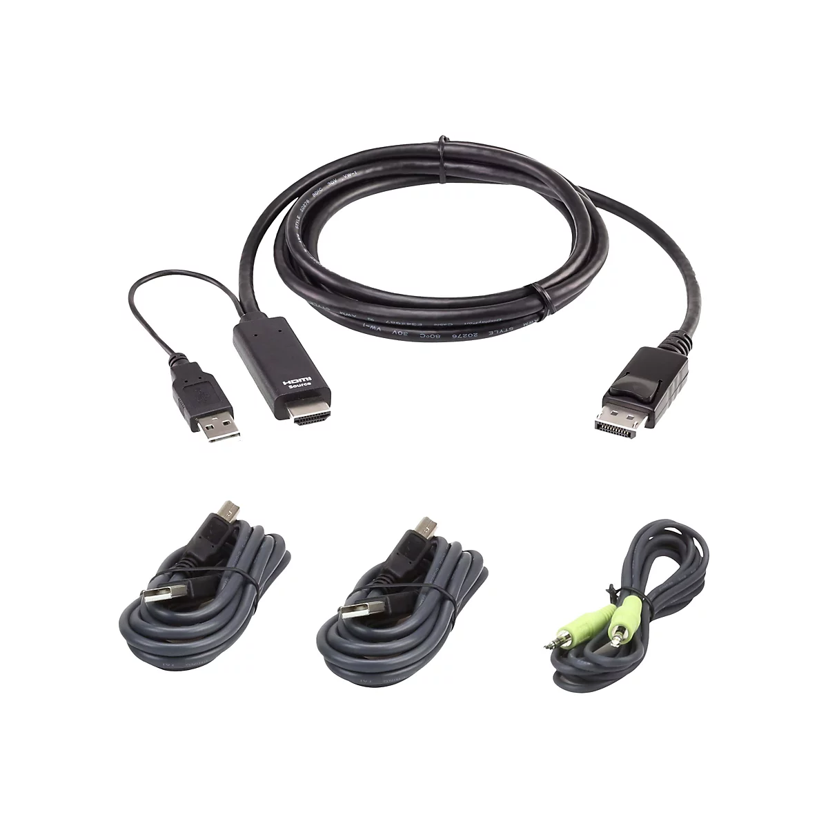 Ein aktiver HDMI auf DisplayPort Adapter mit USB-Stromversorgung und drei zusätzliche Kabel, isoliert vor weißem Hintergrund.