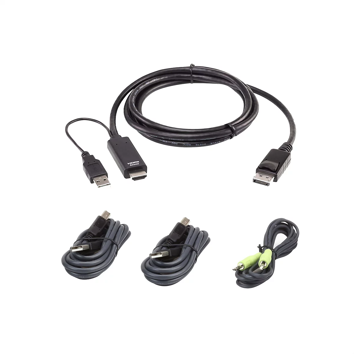 Ein schwarzes HDMI-zu-DisplayPort-Kabel mit USB-Stromversorgung, zusammen mit zwei USB-Kabeln und einem Audiokabel.