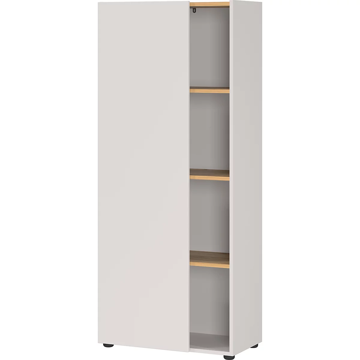 Witte kast met open deur, houten planken. Zwarte voeten.