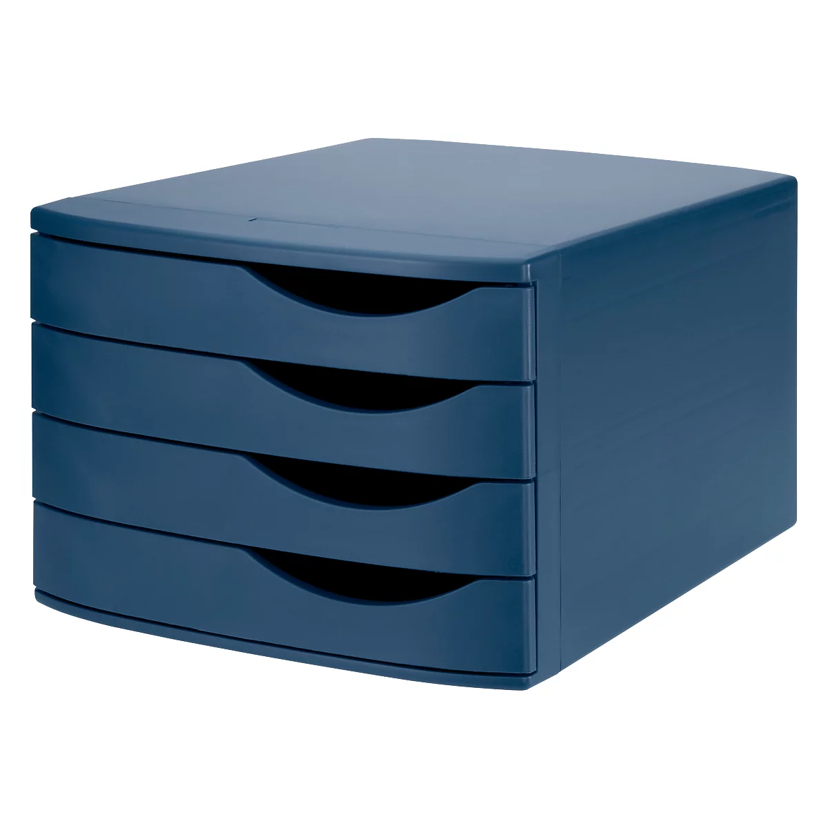 Dark blue drawer tower with four drawers. Each drawer handle is crescent-shaped.