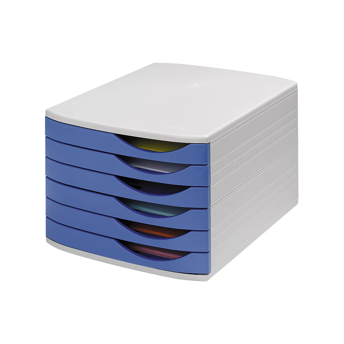 A grey file sorter with five blue drawers. Each drawer contains colored paper.