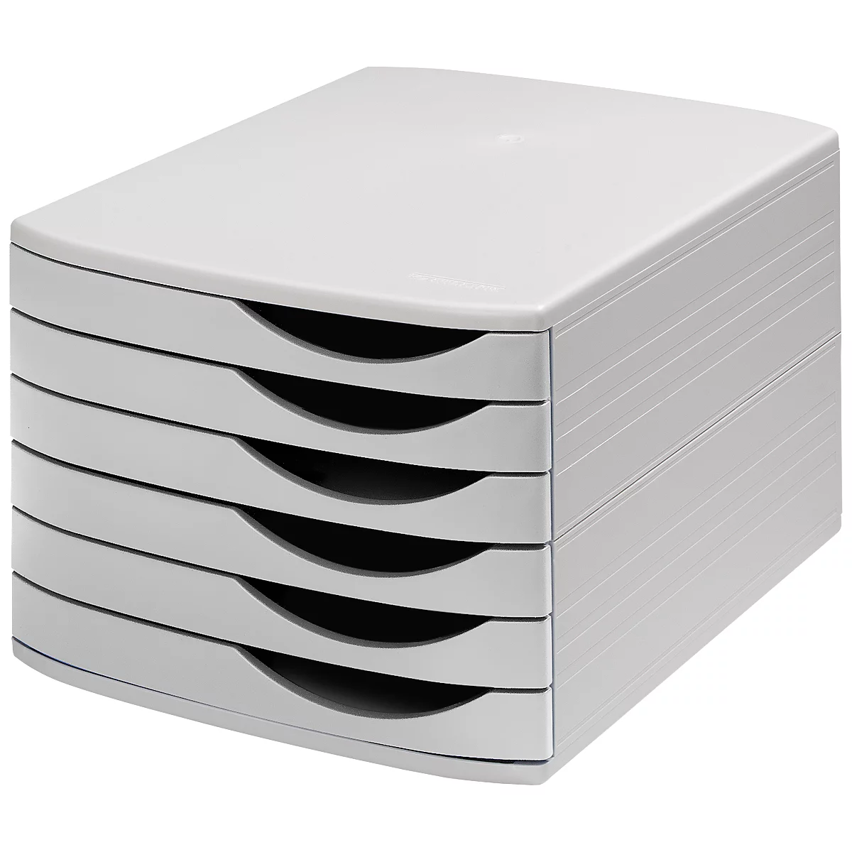 A gray desk organizer with six drawers.