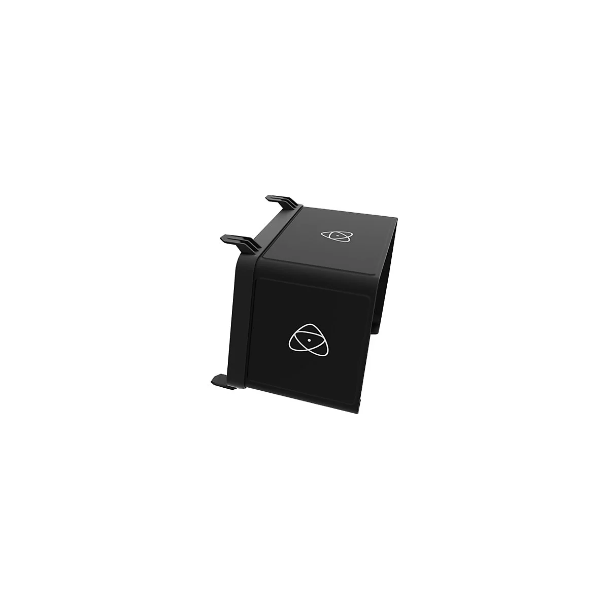 Schwarze Sonnenblende für Atomos Monitor mit weißem Logo.