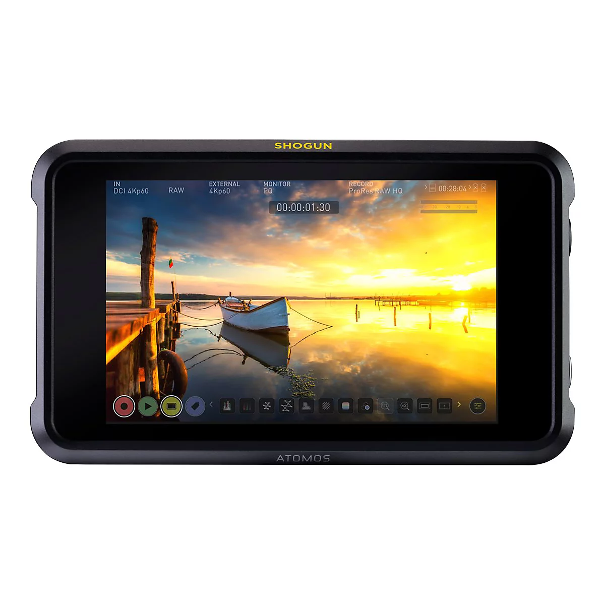 Atomos Shogun Monitor mit hellem Display, das eine Boots-Szenerie bei Sonnenuntergang anzeigt.