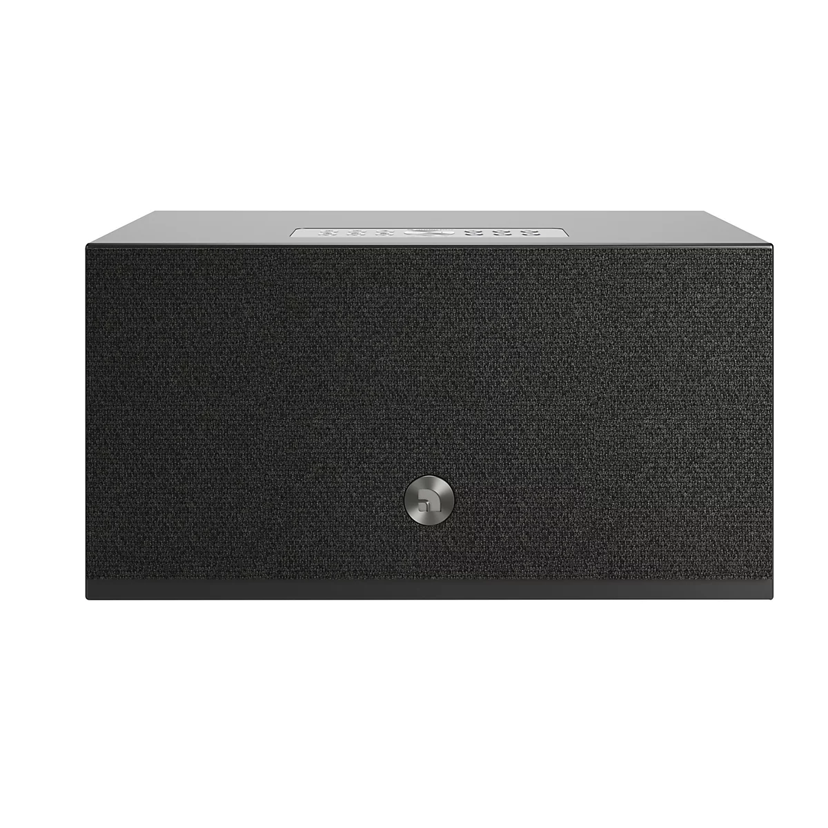 Haut-parleur gris foncé sur fond blanc, rectangulaire avec revêtement en tissu, logo argenté et panneau de commande.