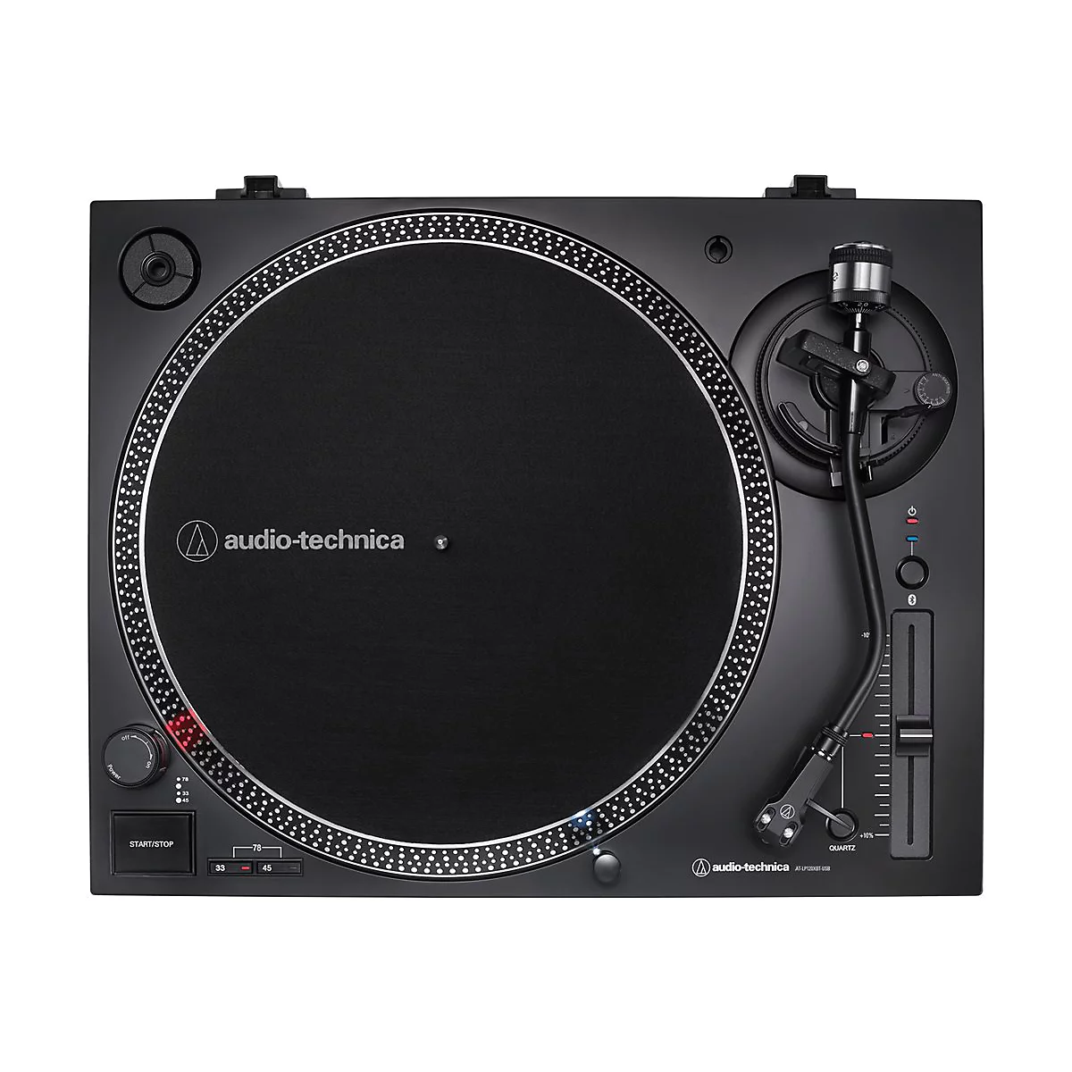 Draufsicht eines schwarzen Audio-Technica Plattenspielers mit Plattenteller und Tonarm vor weißem Hintergrund.