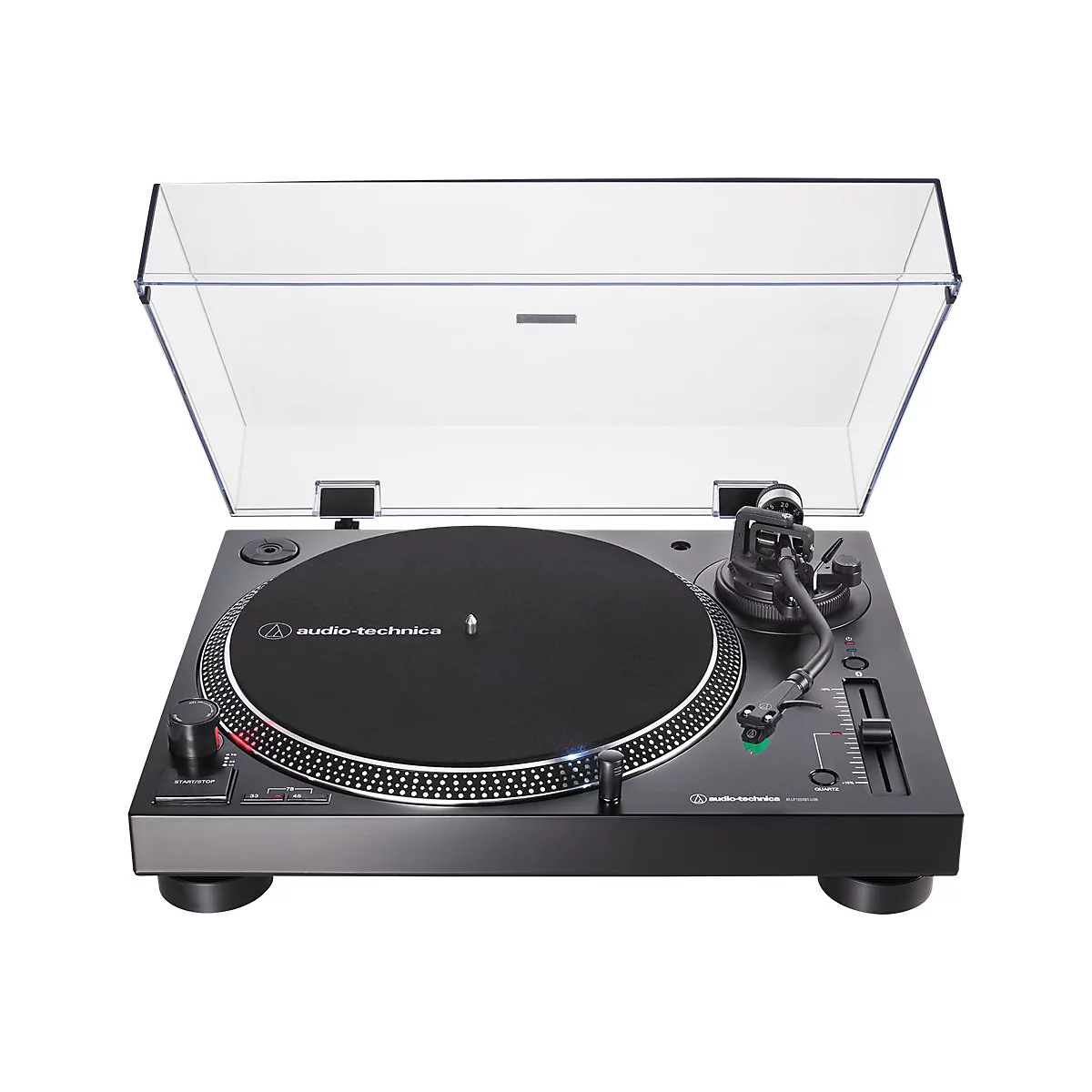 Schwarzer Audio-Technica Plattenspieler mit geöffneter transparenter Abdeckhaube auf weißem Hintergrund.