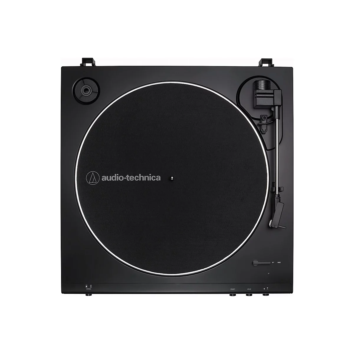 Schwarzer Audio-Technica Plattenspieler in Draufsicht mit rundem Plattenteller und seitlichem Tonarm.