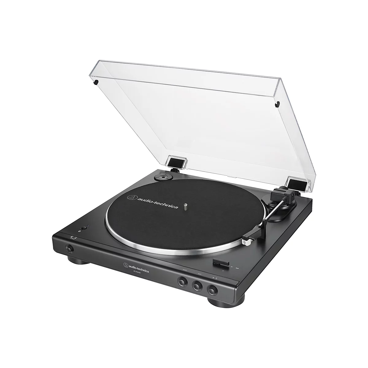 Schwarzer Audio-Technica Plattenspieler mit geöffneter transparenter Abdeckhaube auf weißem Hintergrund.