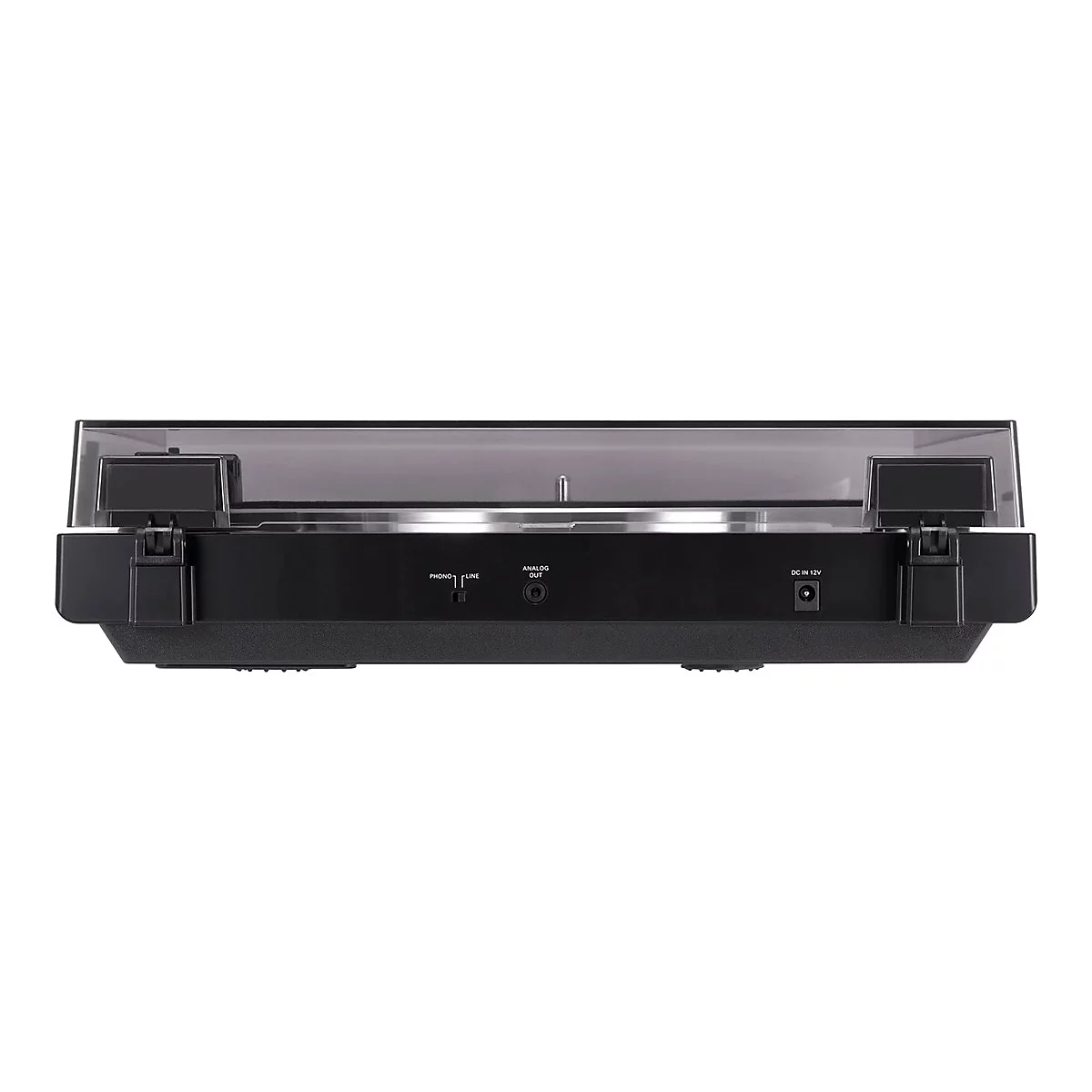 Rückseite eines schwarzen Plattenspielers mit Anschlüssen für Phono, Line, Analog Out und 12V Stromversorgung.