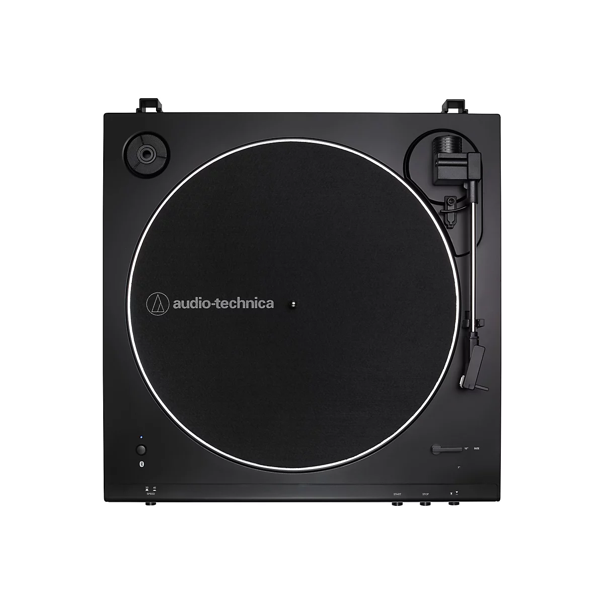 Schwarzer Audio-Technica Plattenspieler in Draufsicht auf weißem Hintergrund.