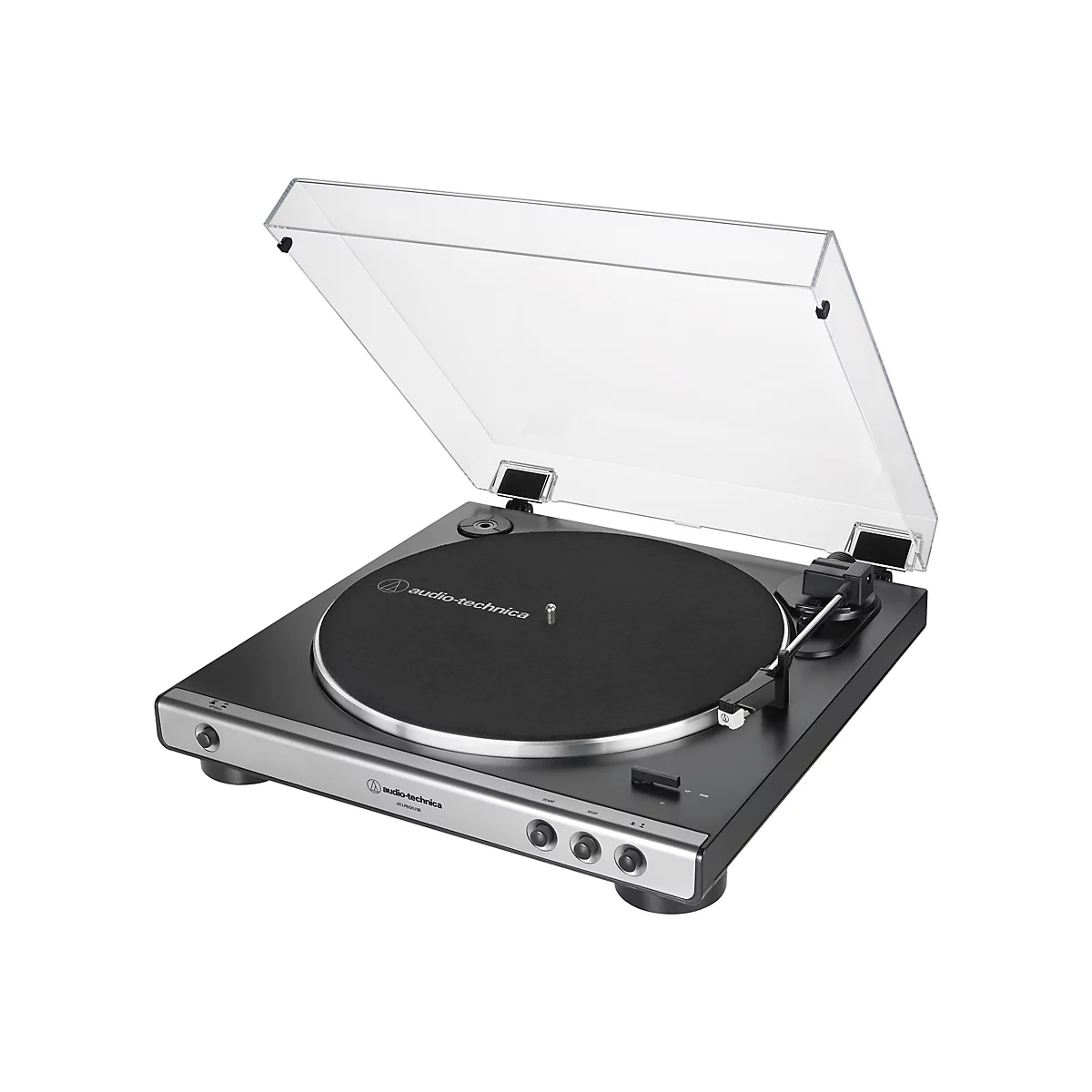 Schwarzer Audio-Technica Plattenspieler mit geöffneter transparenter Abdeckhaube auf weißem Hintergrund.