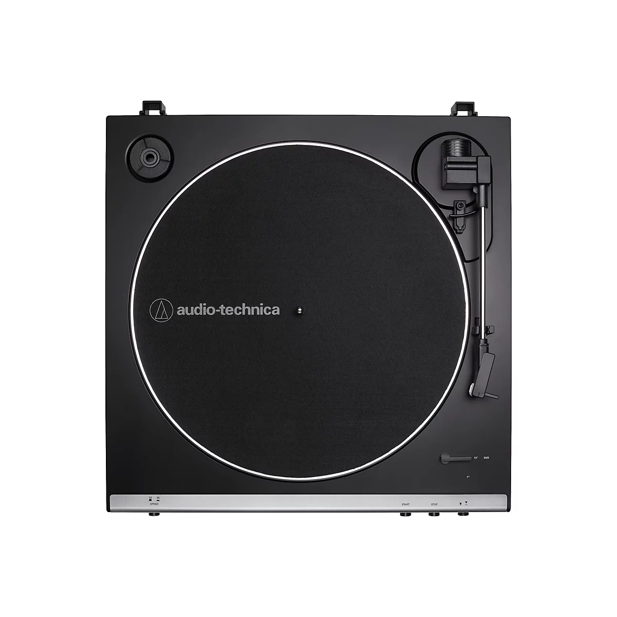 Schwarzer Audio-Technica Plattenspieler in Draufsicht auf weißem Hintergrund.