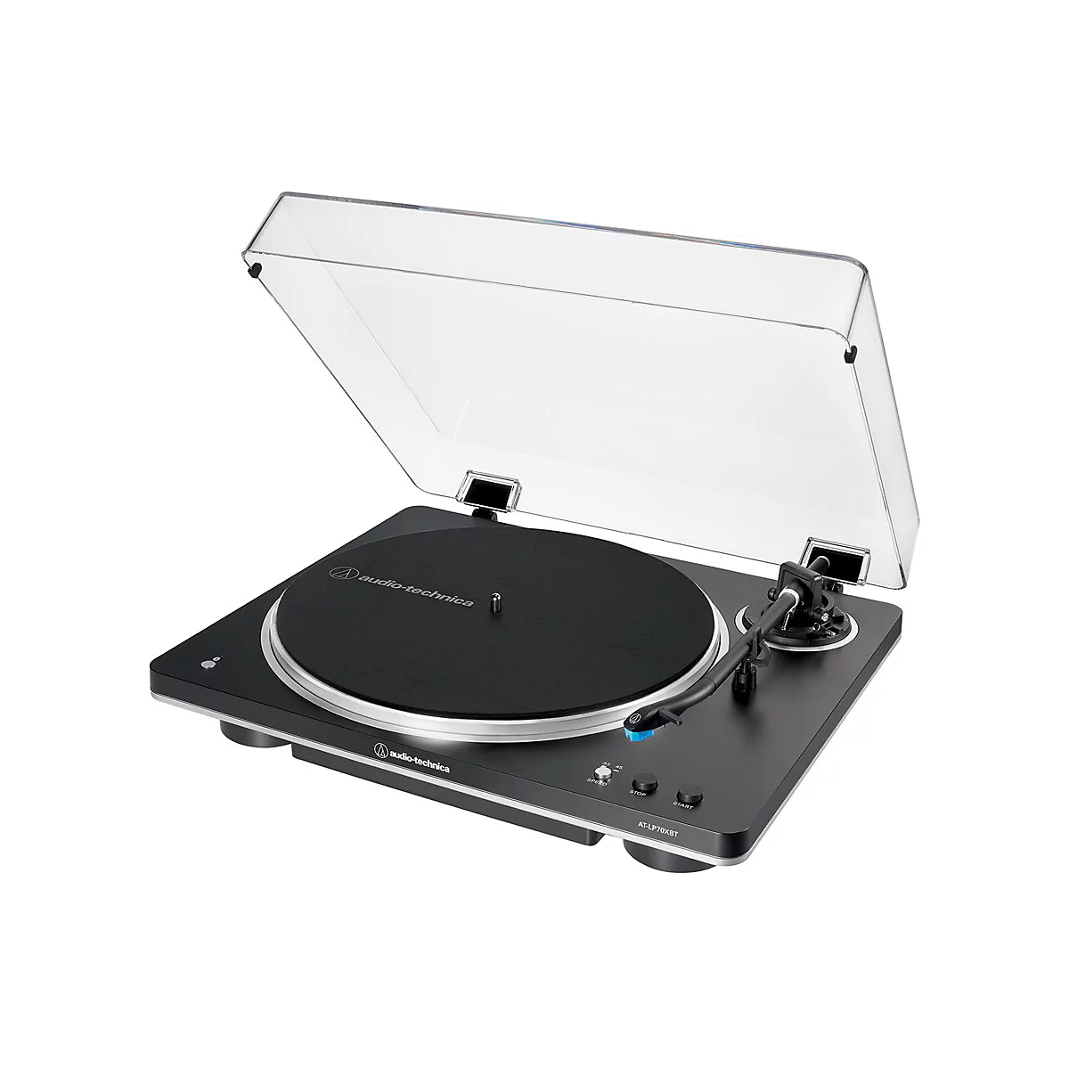 Schwarzer Audio-Technica Plattenspieler AT-LP70XBT mit geöffneter Klarsichthaube vor weißem Hintergrund.