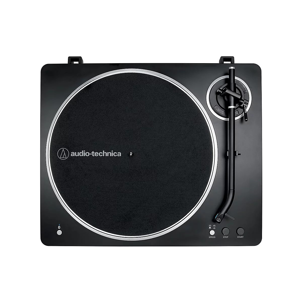 Draufsicht eines schwarzen Audio-Technica Plattenspielers mit silbernem Rand auf weißem Hintergrund.
