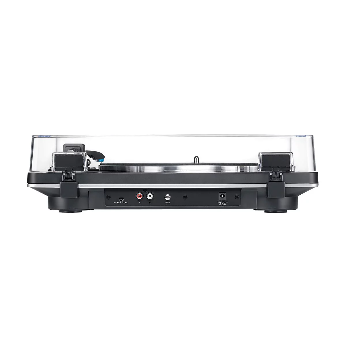 Rückseite eines schwarzen Plattenspielers mit Anschlüssen für Phono, Line, Ground und Strom vor weißem Hintergrund.