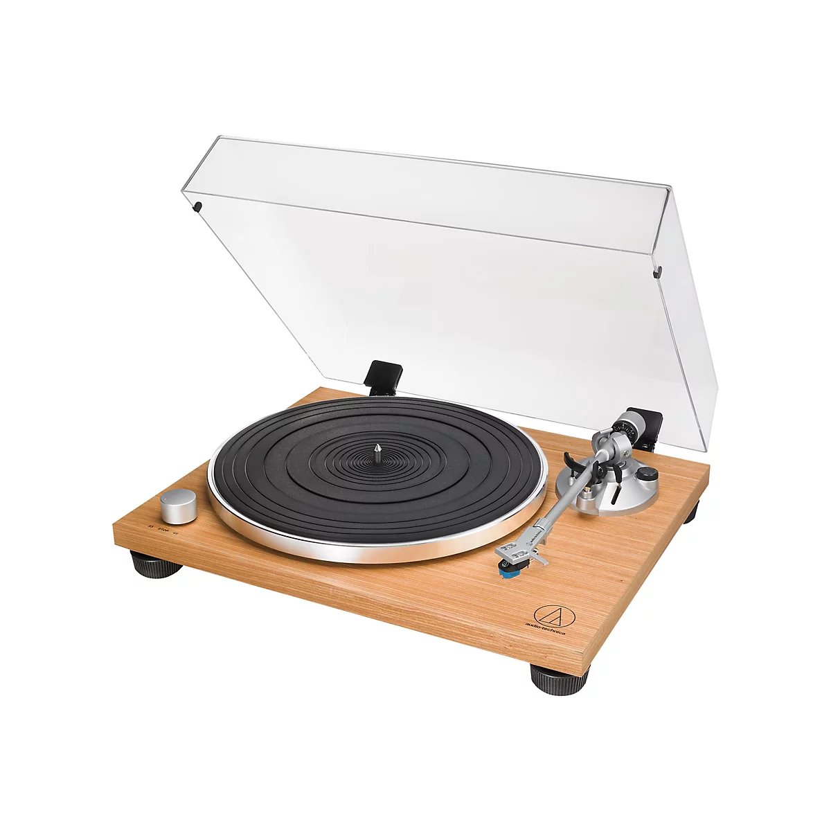 Audio-Technica Plattenspieler mit Holzgehäuse, schwarzem Plattenteller und transparenter Staubschutzhaube.