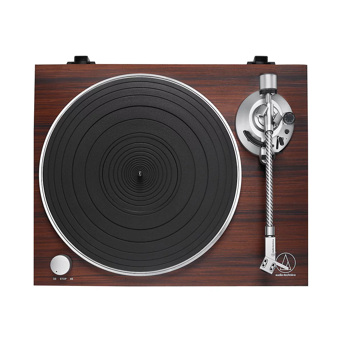 Draufsicht eines Audio-Technica Plattenspielers in Holzoptik mit schwarzem Plattenteller und silbernem Tonarm.