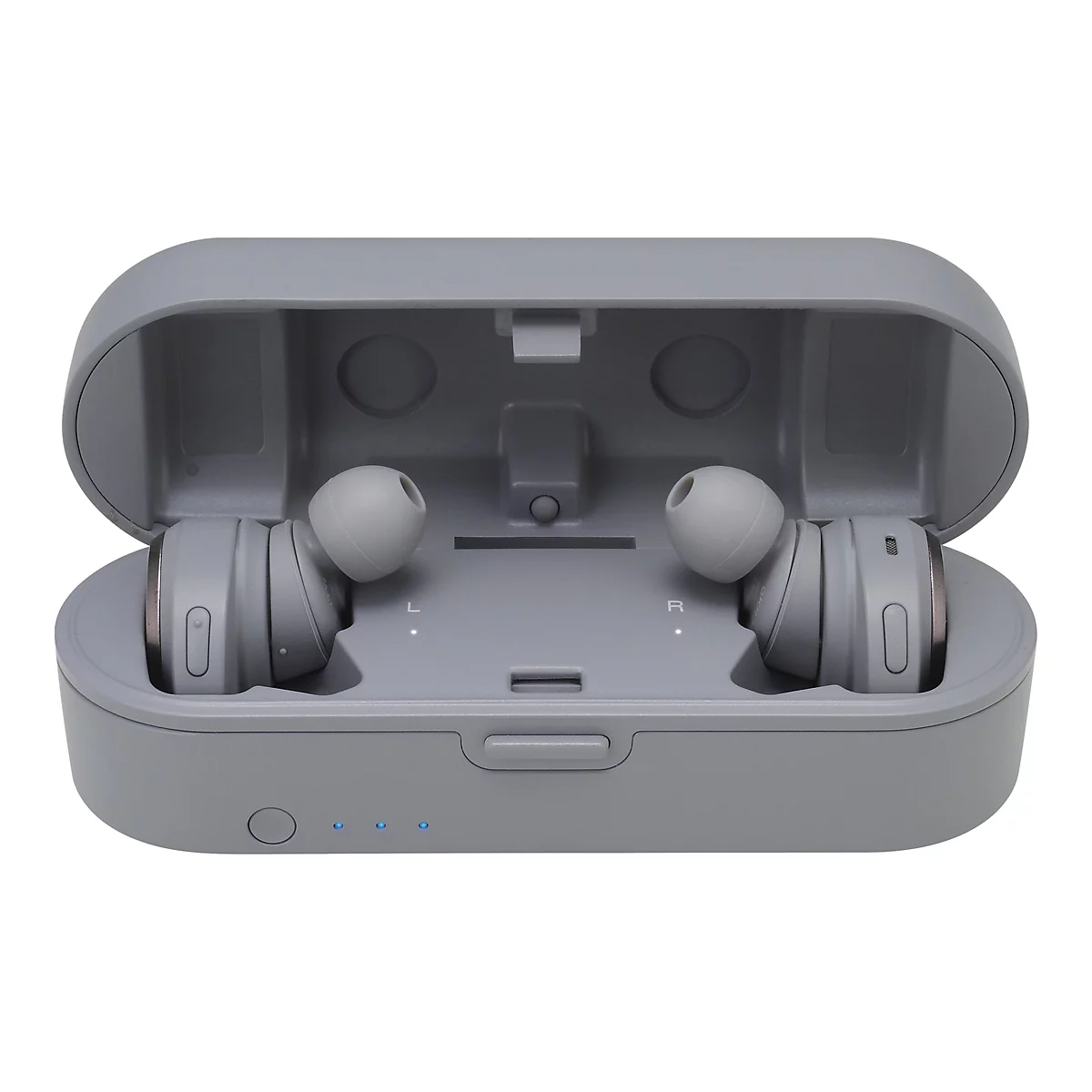 Graues Ladecase mit zwei In-Ear-Kopfhörern vor neutralem Hintergrund.