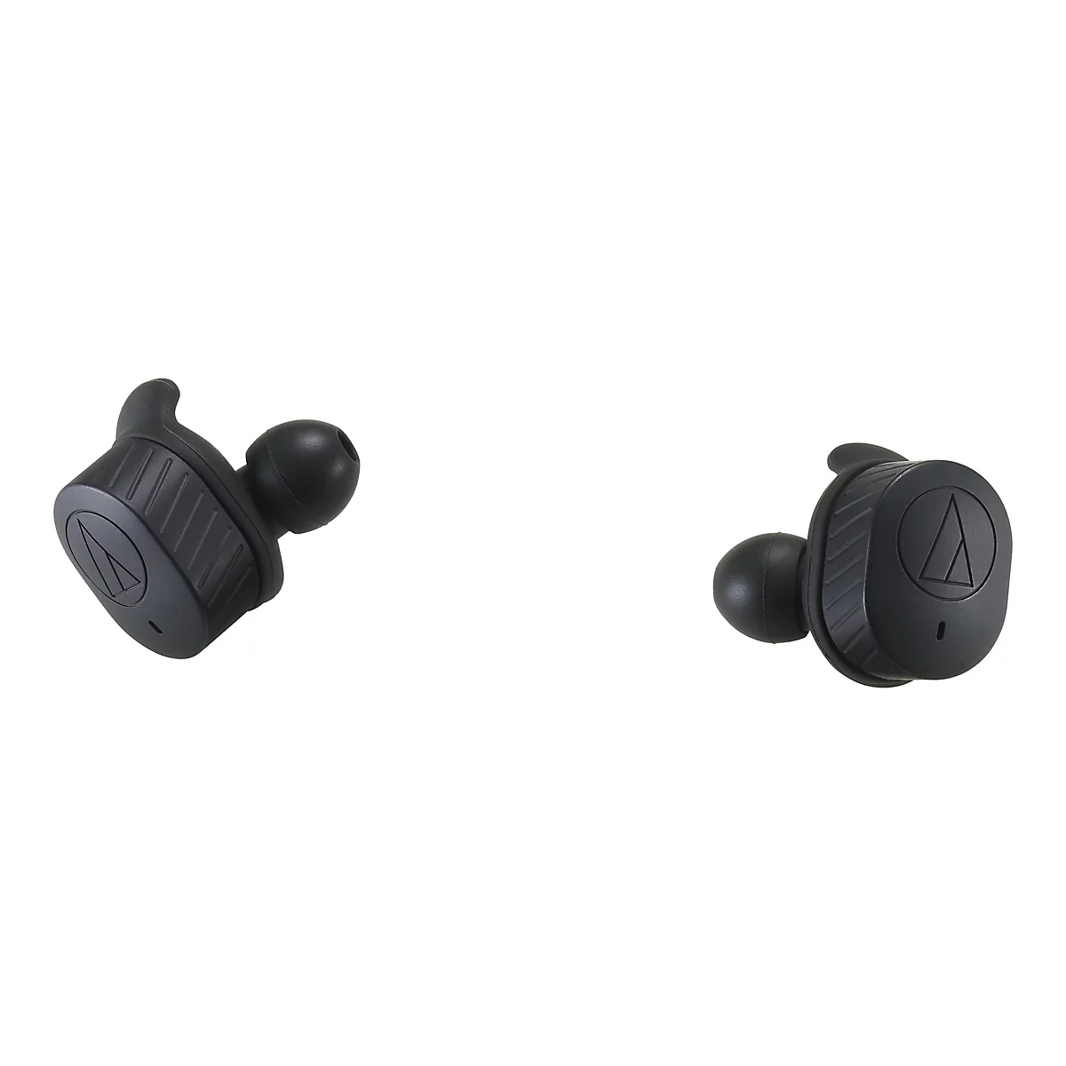 Zwei schwarze, kabellose In-Ear-Kopfhörer mit Audio-Technica-Logo vor weißem Hintergrund.