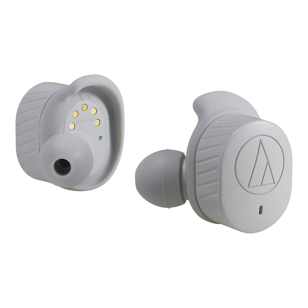 Zwei hellgraue In-Ear-Kopfhörer mit Audio-Technica-Logo vor weißem Hintergrund.