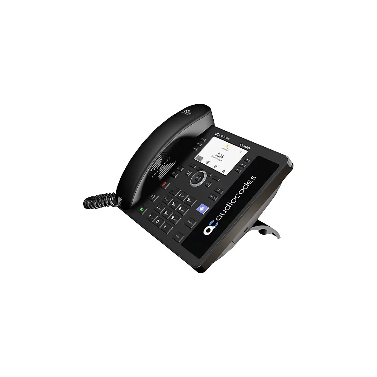 Schwarzes Audiocodes-Telefon mit Display, Tasten und Hörer. Uhrzeit 12:26 Uhr. Audiocodes-Logo.