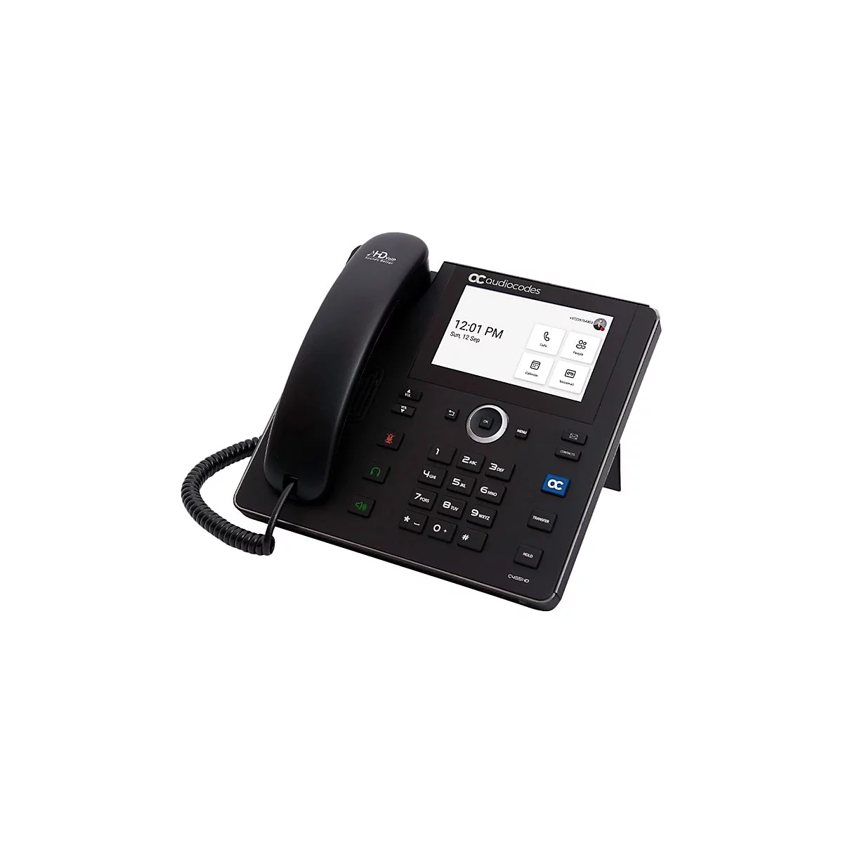 Téléphone Audiocodes noir avec écran, clavier et câble combiné. L'écran affiche l'heure et des icônes pour les appels, les contacts et le calendrier.