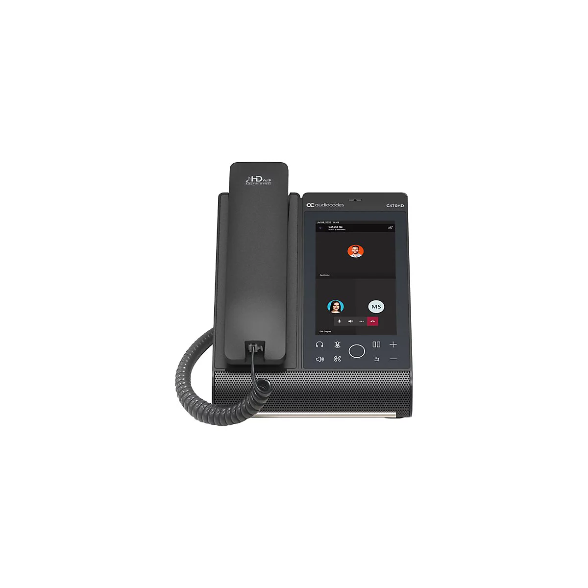 Schwarzes Audiocodes-VoIP-Telefon mit Bildschirm. Auf dem Bildschirm ein Videoanruf mit zwei Personen. Oben rechts steht "C470HD".