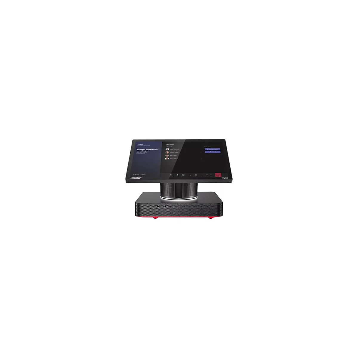 Ein schwarzes ThinkSmart GerÃ¤t mit Touchscreen, auf dem eine Videokonferenz abgebildet ist.