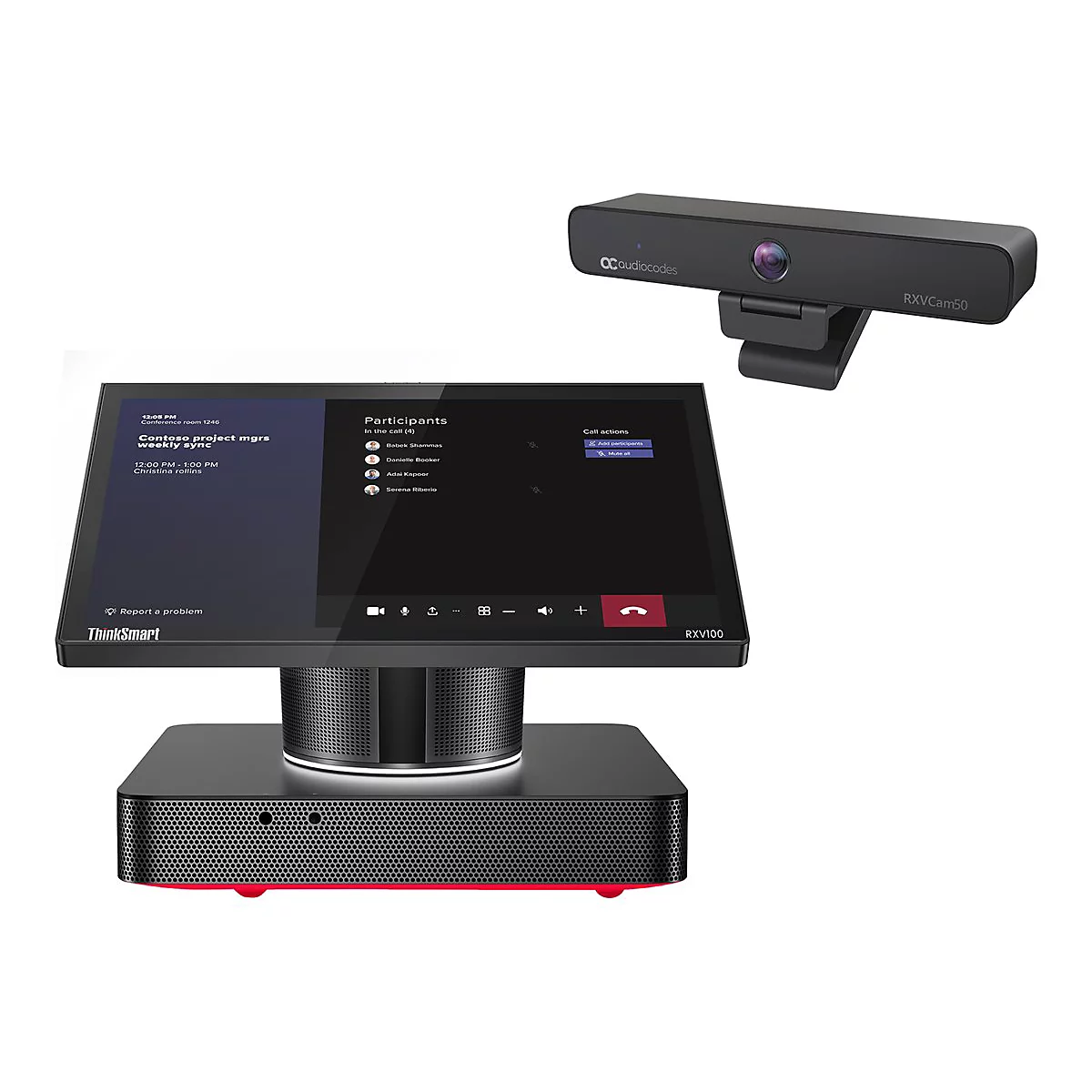 Videokonferenzsystem mit Touchscreen-Monitor und Webcam. Das Display zeigt eine Projektbesprechung. Die Webcam ist oberhalb des Displays platziert.