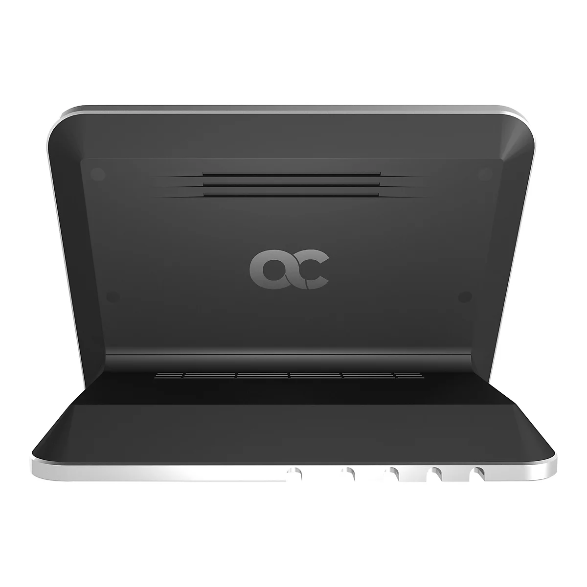 Ein schwarzes Gerät mit grauem Rahmen, geöffnet. Auf der Oberfläche ein graues 'oc' Logo.