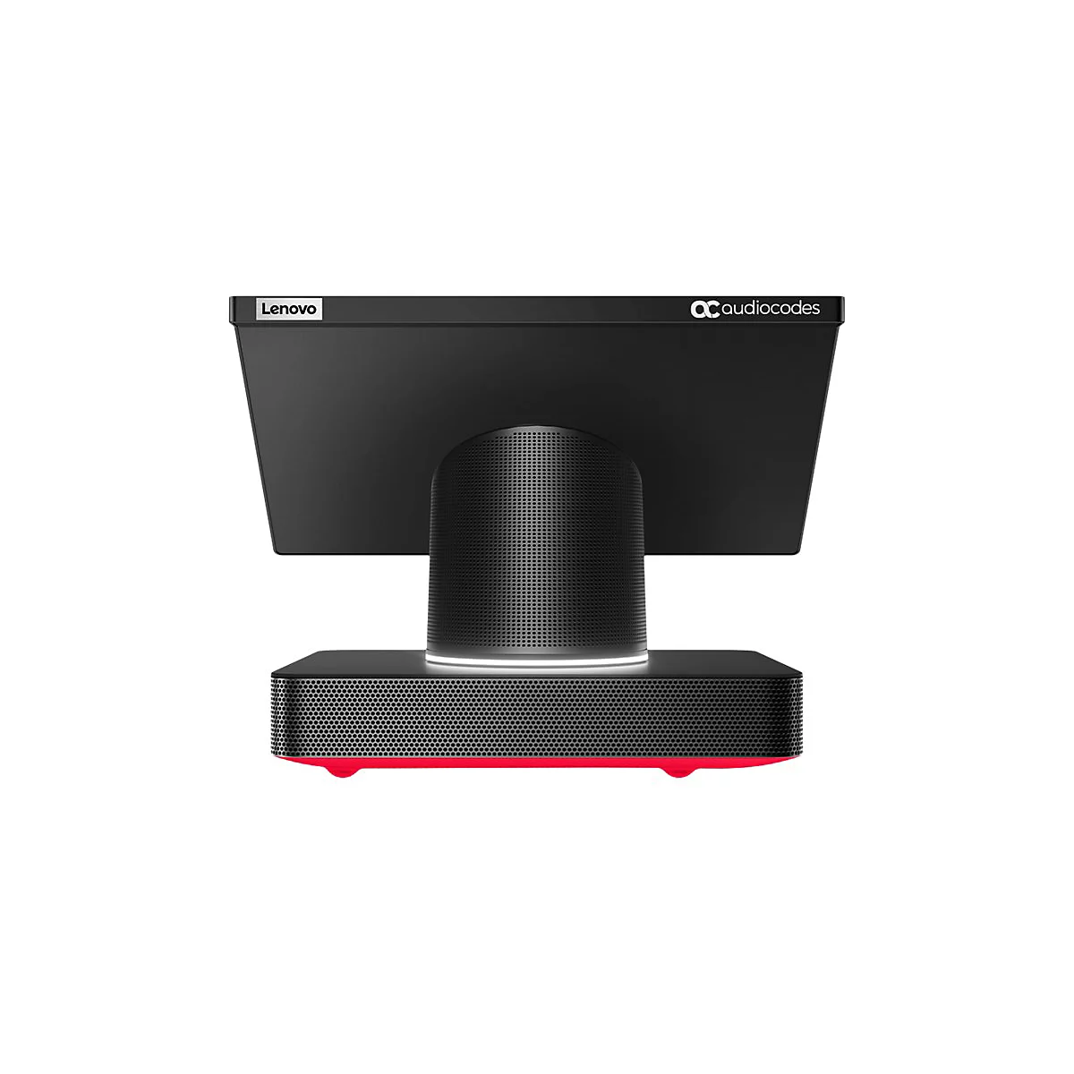 Schwarzer Bildschirm mit Lautsprecher und roter Unterseite; Lenovo und Audiocodes-Logo.