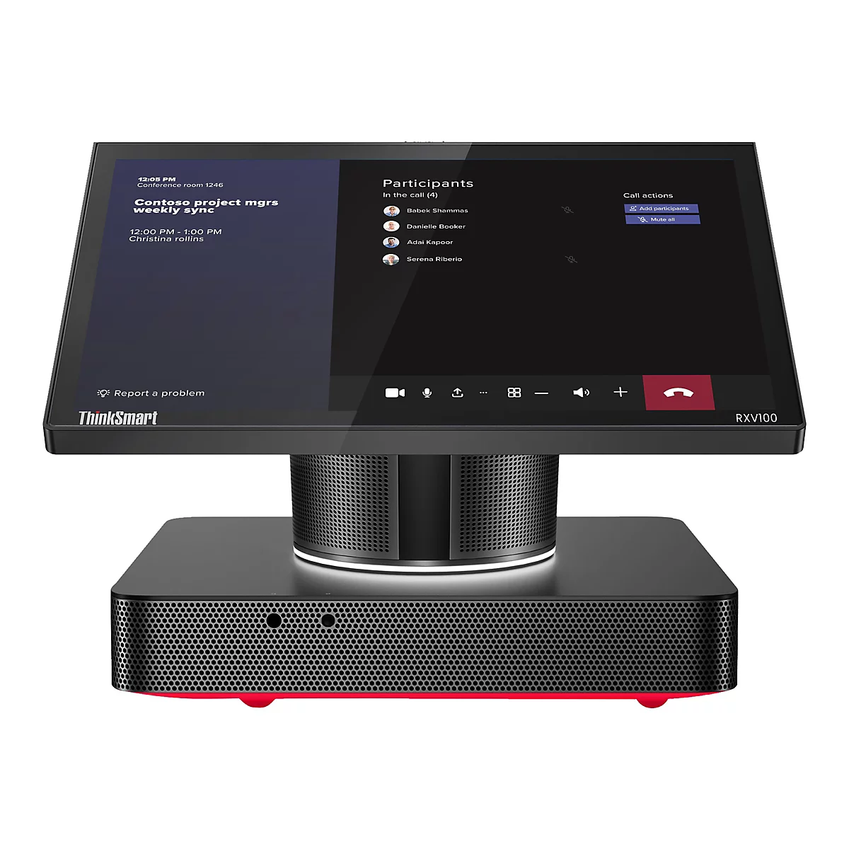 Ein schwarzes ThinkSmart-Konferenzsystem mit einem Bildschirm, der eine Videokonferenz anzeigt, auf einem schwarzen Sockel. Auf dem Bildschirm werden die Teilnehmer und die Tagesordnung für ein Meeting angezeigt.