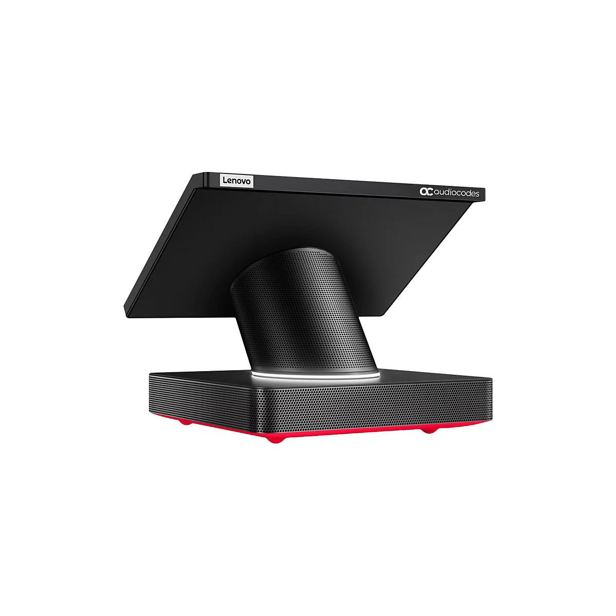 Moniteur noir avec le logo Lenovo, sur un haut-parleur noir avec le dessous rouge. Le moniteur porte l'inscription Audiocodes.