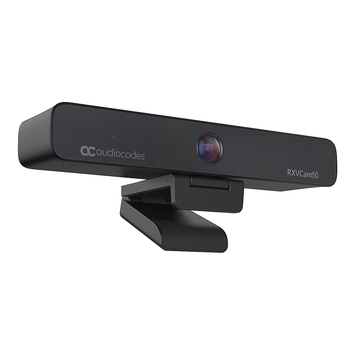 Schwarze Webcam, vorne das Objektiv, darunter Halterung. Auf der Webcam steht Audiocodes und RXVcam50.
